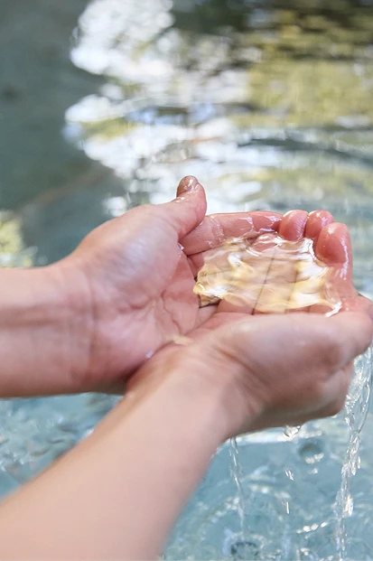 写真：温泉のお湯を両手ですくっている様子