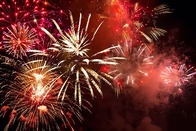 夜空いっぱいに広がる、赤や金色など様々な色が入り混じった色鮮やかな花火。いくつもの花火が同時に打ち上がり、夜空を埋め尽くしている。