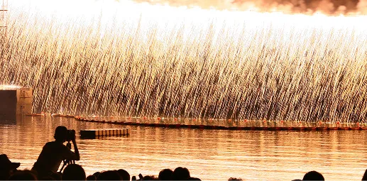 湖面で打ち上げられる水上花火を、夕暮れの湖畔でカメラを構える人物のシルエットが捉えている。花火の光が水面に長く伸び、幻想的な雰囲気。