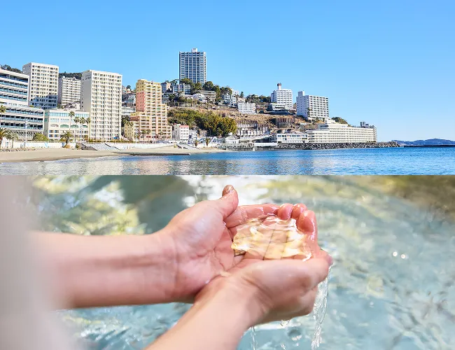 温泉に浸かっている女性と、温泉旅館の外観。
